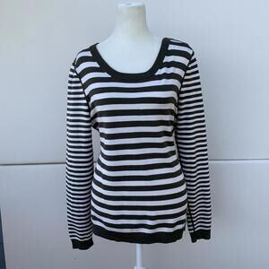 WORTH Womens Blouse Top Shirt cotton Silk White Brown Long Sleeve Stripe Sz M